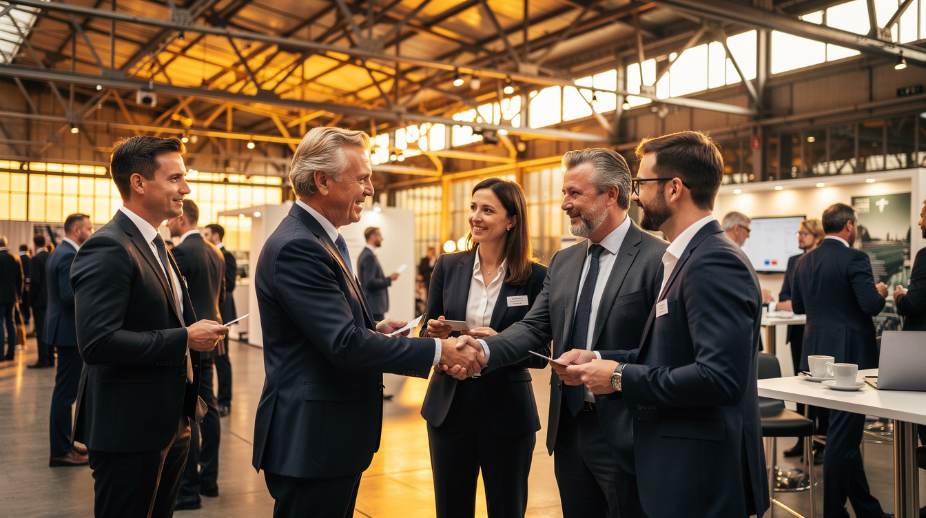 Business professionals shaking hands at an industry networking event in Belgium